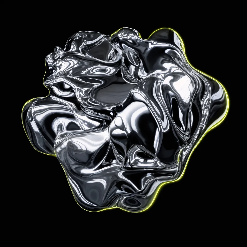 Liquid chrome blob suspended in a black void with an acid-green rim light — still from the Mercury Rising ident