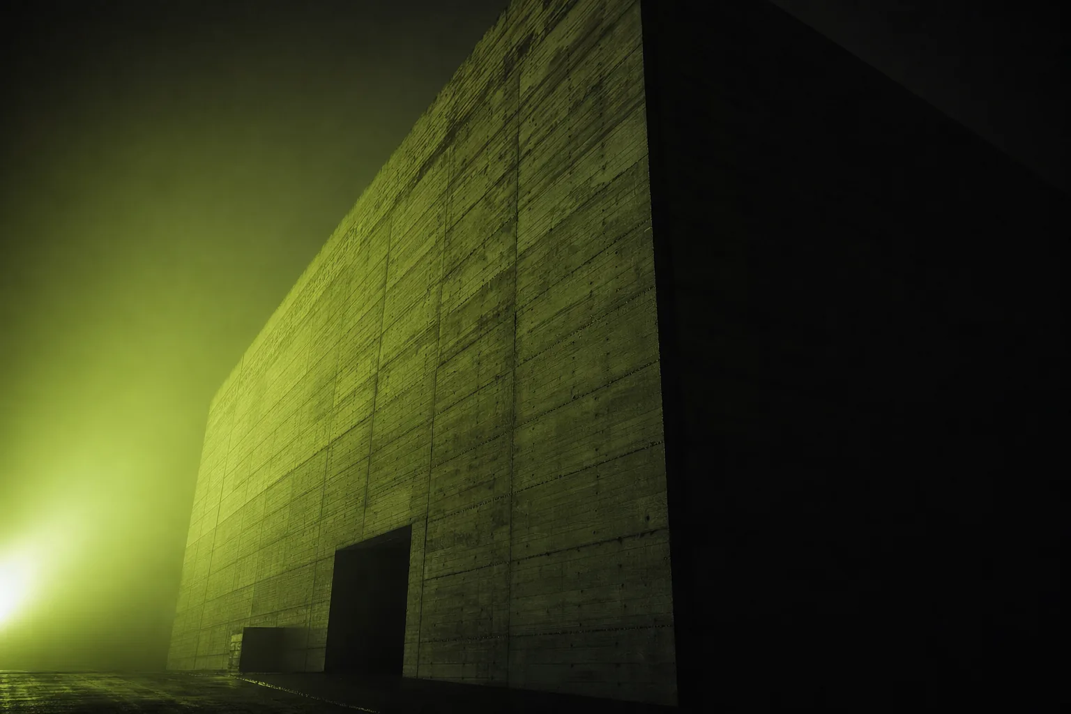 Brutalist concrete monolith at night raked by acid-green neon light — still from the Monolith OS brand film