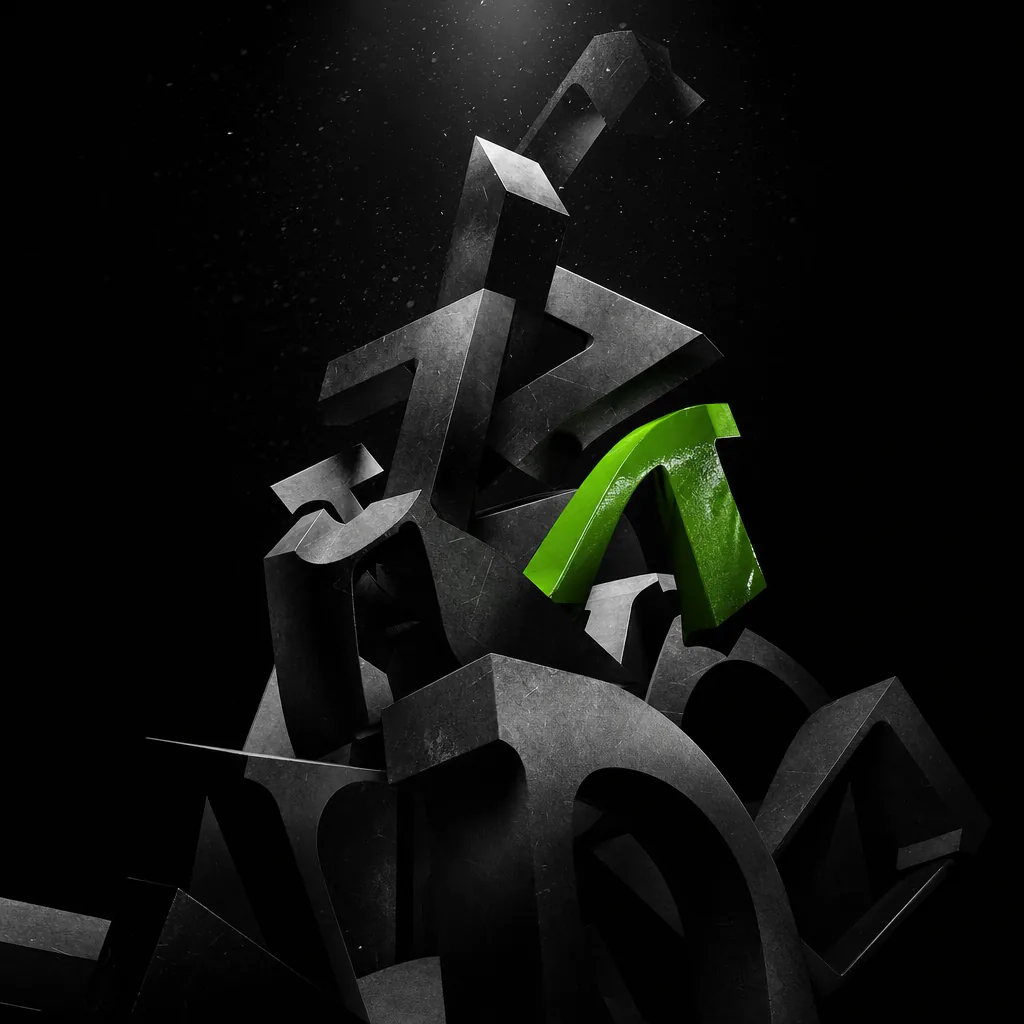 Monumental black 3D letterform fragments colliding, one coated in acid green — still from the Alphabet Riot opener